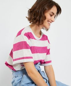 Tee-shirt à larges rayures pailletées - Rose/gris