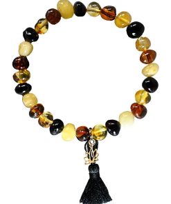 EXCLU WEB Bracelet adulte - Ambre multicolore, pompon noir et lotus or - Multicolore