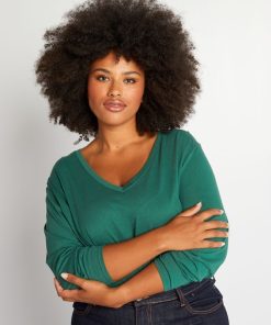 Tee-shirt basique manches longues et col V - Vert