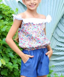 Combi-short  col élastique liberty fleuri  LOLITA - 'LA FAUTE A VOLTAIRE' - Bleu Rose Blanc