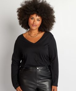 Tee-shirt basique manches longues et col V - noir