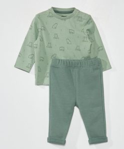 Ensemble tee-shirt imprimé + pantalon french terry - Vert