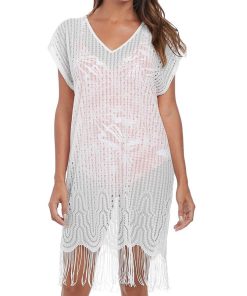 Robe de plage tunique avec franges Antheia - Blanc