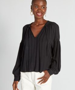 Blouse manches bouffantes et matière texturée - noir