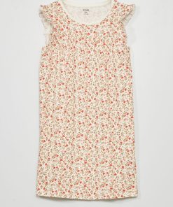 Chemise de nuit manches volantées - Fleuri rouge