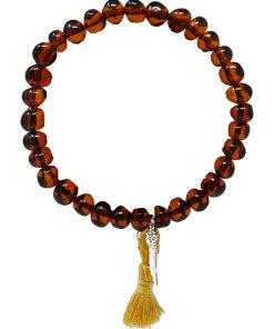 EXCLU WEB Bracelet adulte - Ambre Cognac, pompon moutarde et plume argent - Marron