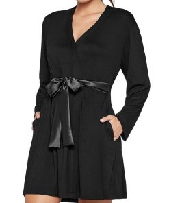 Peignoir fin manches longues et ceinture satinée Essence - Noir