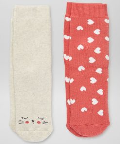 Lot de 2 paires de chaussettes 'coeurs' et 'chat' - Rouge/beige