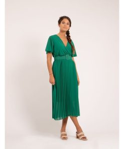 Robe midi plissée et ceinture ISALA - Vert