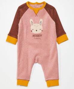 Pyjama 1 pièce en éponge avec 'lapin' brodé - Rose/marron/jaune