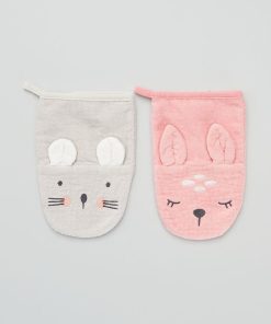 Lot de 2 gants de toilette 'animaux' - Rose