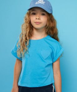 T-shirt uni avec poche cœur - turquoise