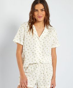 Pyjama short en gaze de coton - Blanc imprimé