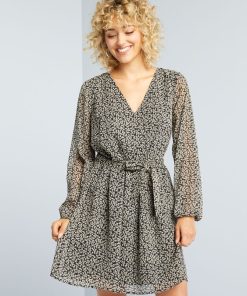 Robe à motif avec ceinture à nouer - Noir