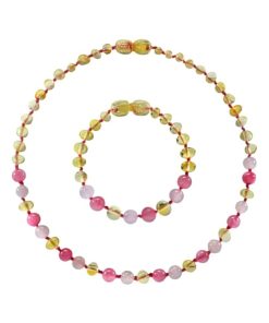 Box bracelet et collier bébé en pierres naturelles - Ambre Lemon / Quartz rose / Calcédoine - Jaune