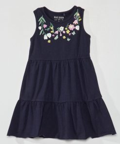 Robe fleurie à étages volantés - bleu marine