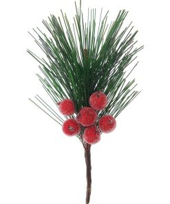 Branche de pin avec baies rouges givrées 14 cm - Vert