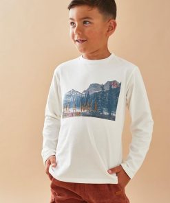 T-shirt longues manches imprimé montagne, - Blanc
