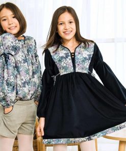 Robe Hiver Fille Velours Bleu Marine Liberty Fleuri Lilas MARGOT - 'LA FAUTE A VOLTAIRE' - Bleu marine