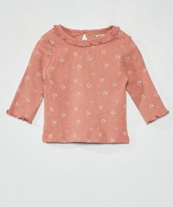 T-shirt en maille côtelée col volanté - Rose