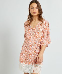 Kimono imprimé avec dentelle - Beige