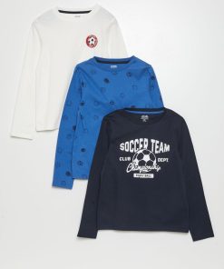 Tee-shirt en jersey à manches longues - Lot de 3 - Bleu/blanc