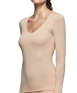 Tricot de peau col V manches longues innovation régulateur de température - Beige
