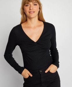 T-shirt en maille côtelée à manches longues - noir