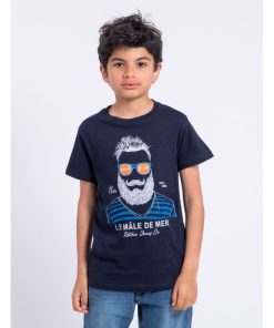 T-shirt manches courtes col rond pur coton NABARZU-J - Bleu marine