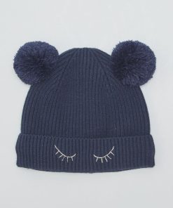Bonnet en maille à pompons - Bleu foncé