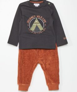 Ensemble t-shirt + legging en velours - Noir/marron