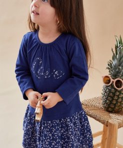 Robe bi-matière à manches courtes, - Bleu
