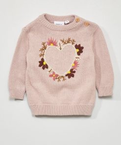 Pull col rond broderie 'cœur' 'Name It' - Rose