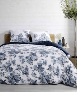 Housse de couette 260x240 + 2 taies Roselia double gaze de coton 57 fils - Bleu