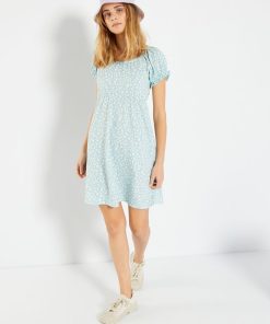 Robe imprimée manches ballon - Bleu