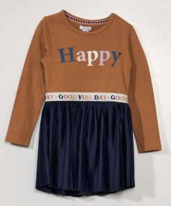 Robe plissée à manches longues - Marron/bleu