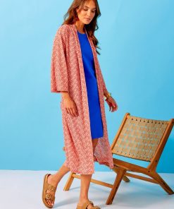 Kimono long imprimé à ceinturer - Ocre