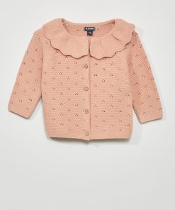 Gilet tricot à collerette et maille fantaisie - Rose