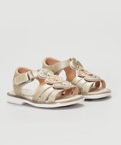 Sandales salomé cuir animé de coeurs - doré