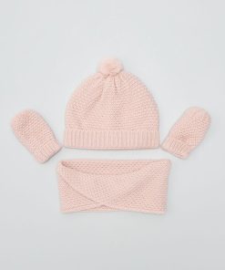 Ensemble bonnet + tour de cou + moufles - 3 pièces - Rose