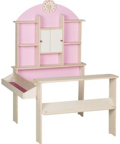 ROBA Marchande Enfant en Bois avec Horloge - Étagères et 2 Portes Coulissantes - Rose/Naturel - N/A