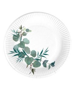 Set de 10 assiettes carton 18 cm Branche d'eucalyptus - Blanc
