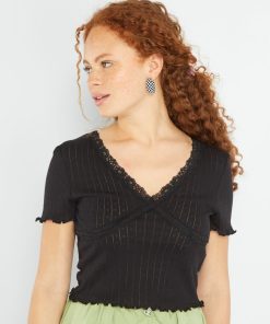 Tee-shirt crop maille pointelle et dentelle - noir