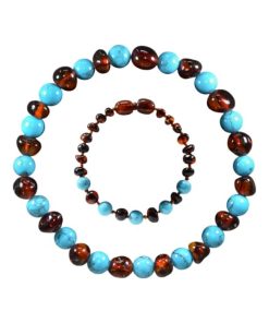 Box bracelet bébé et bracelet adulte en pierres naturelles- Ambre Cognac / Turquoise bleue - Marron