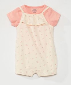 Ensemble salopette + t-shirt en coton - Rose