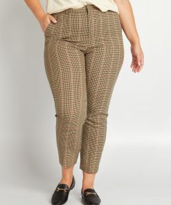 Pantalon droit 'pied de poule' - Marron