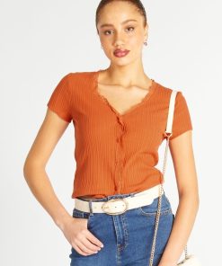 T-shirt côtelé avec dentelle - orange