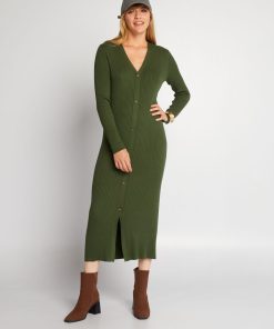 Robe longue en maille côtelée - Vert