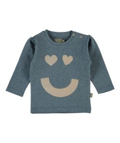 T-Shirt Fille "Happy" Bio Bleu-Gris - Bleu