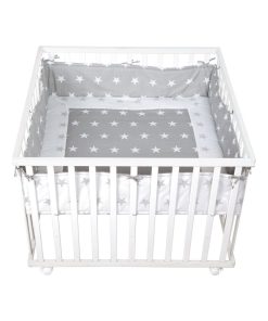 ROBA Parc Bébé en Bois 100x100 "Little Stars" + Tapis de Parc Bébé et Roues à Freins - Blanc - Blanc